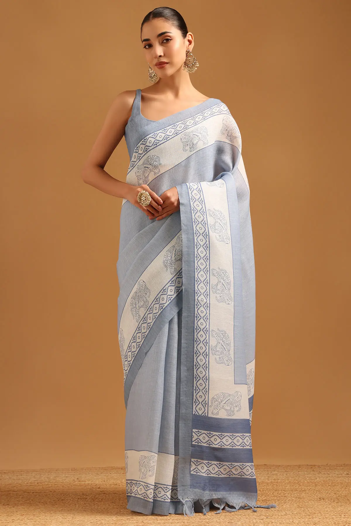 Blue Linen Block Printed Ethnic Motifs Saree